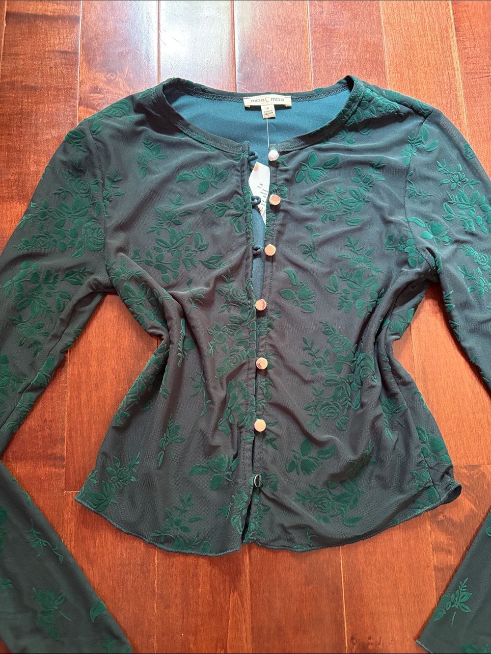 Dark Green Embroidered Button-Front Lace Top NWT Size Small - Picture 2 of 4
